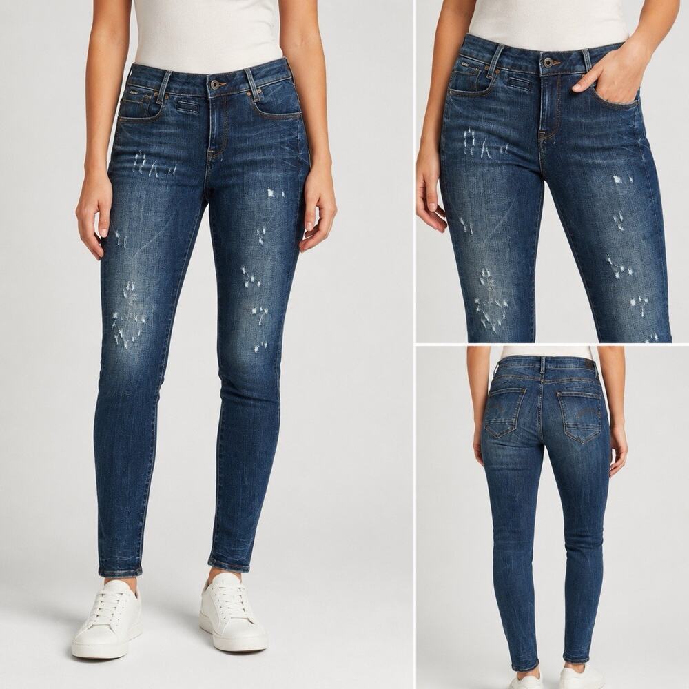 G-Star‎ RAW D-Staq Jeans Womens 29x30 Mid Skinny 5 Pocket Distressed Blue Denim